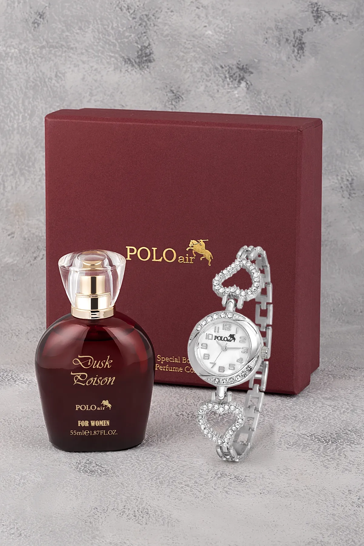 ست ساعت مچی و عطر زنانه بند قلب polo air