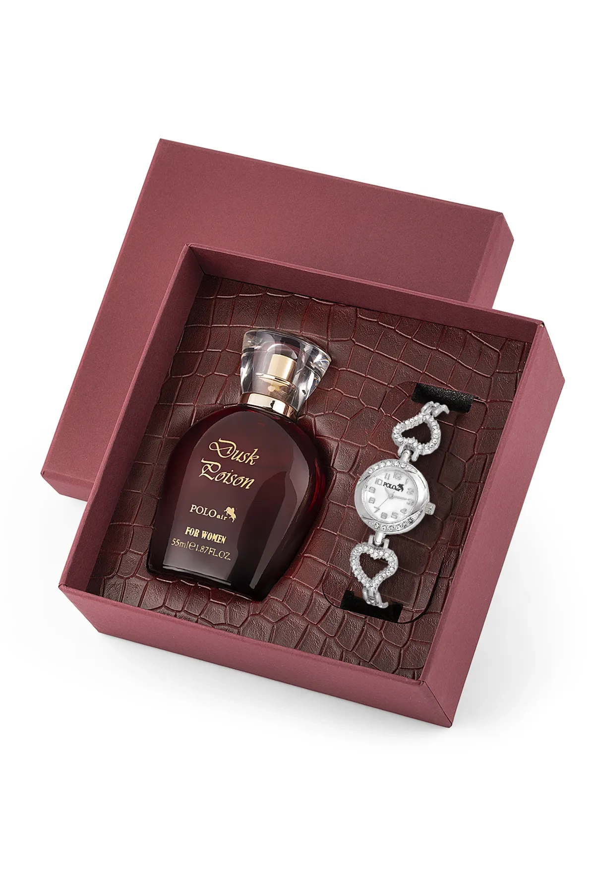 ست ساعت مچی و عطر زنانه بند قلب polo air